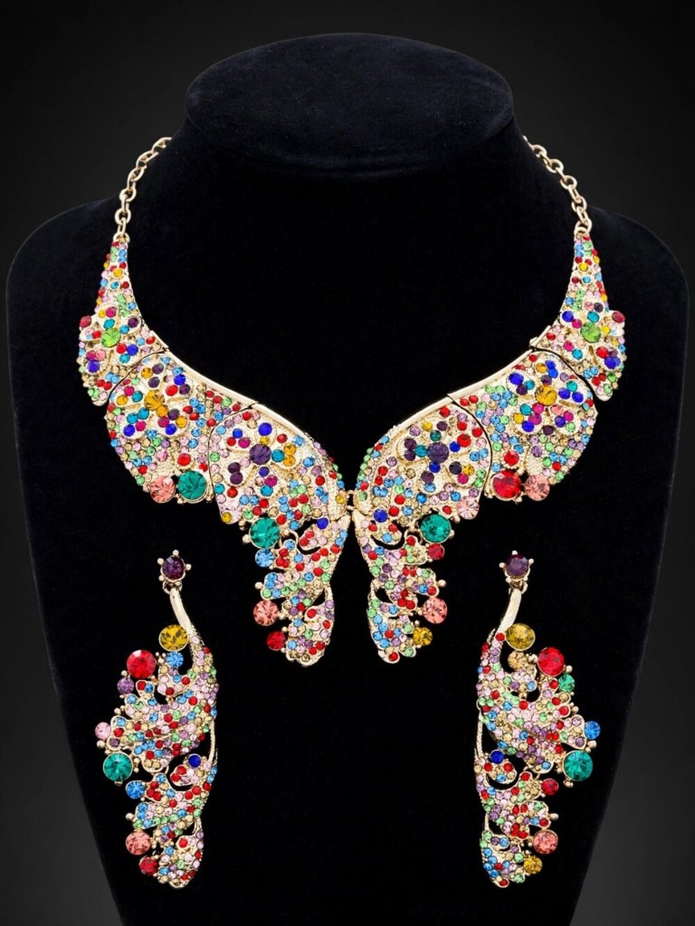 Multicolor Crystal Peacock Statement Necklace & Earrings Set – Bridal Jewelry